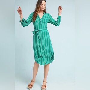 Anthropologie Maeve green stripe Shirtdress Belted Size 2 green stripe Midi